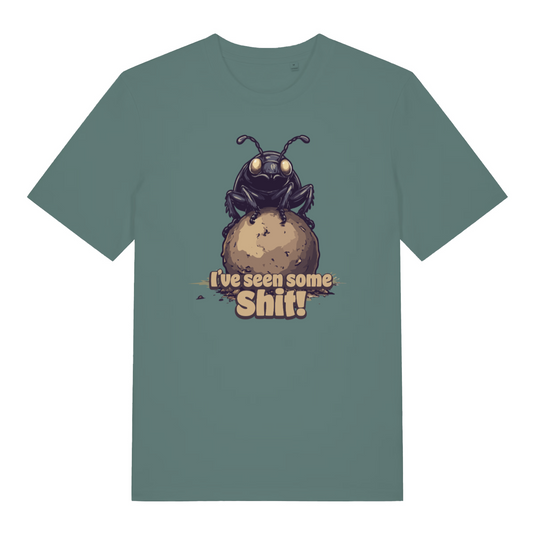 green women's funny animal t-shirt with the graphic of a dung beetle on top of a ball of dung and the slogan 'i've seen some shit'