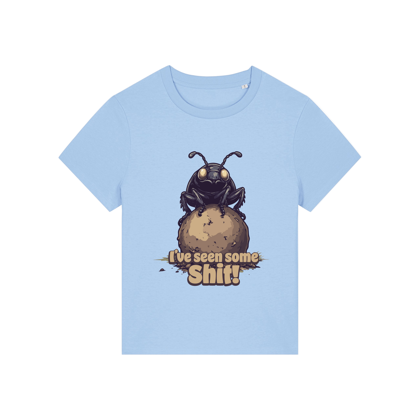 light blue funny animal t-shirt with the graphic of a dung beetle and the slogan 'i've seen some shit'