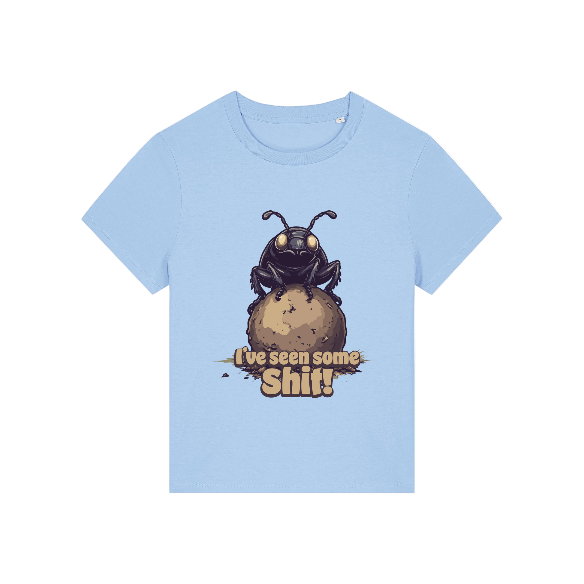 light blue funny animal t-shirt with the graphic of a dung beetle and the slogan 'i've seen some shit'