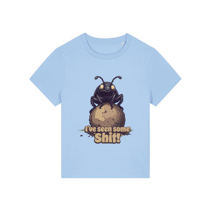 light blue funny animal t-shirt with the graphic of a dung beetle and the slogan 'i've seen some shit'