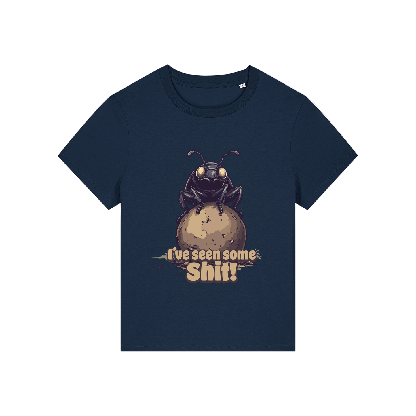 navy funny animal t-shirt with the graphic of a dung beetle and the slogan 'i've seen some shit'