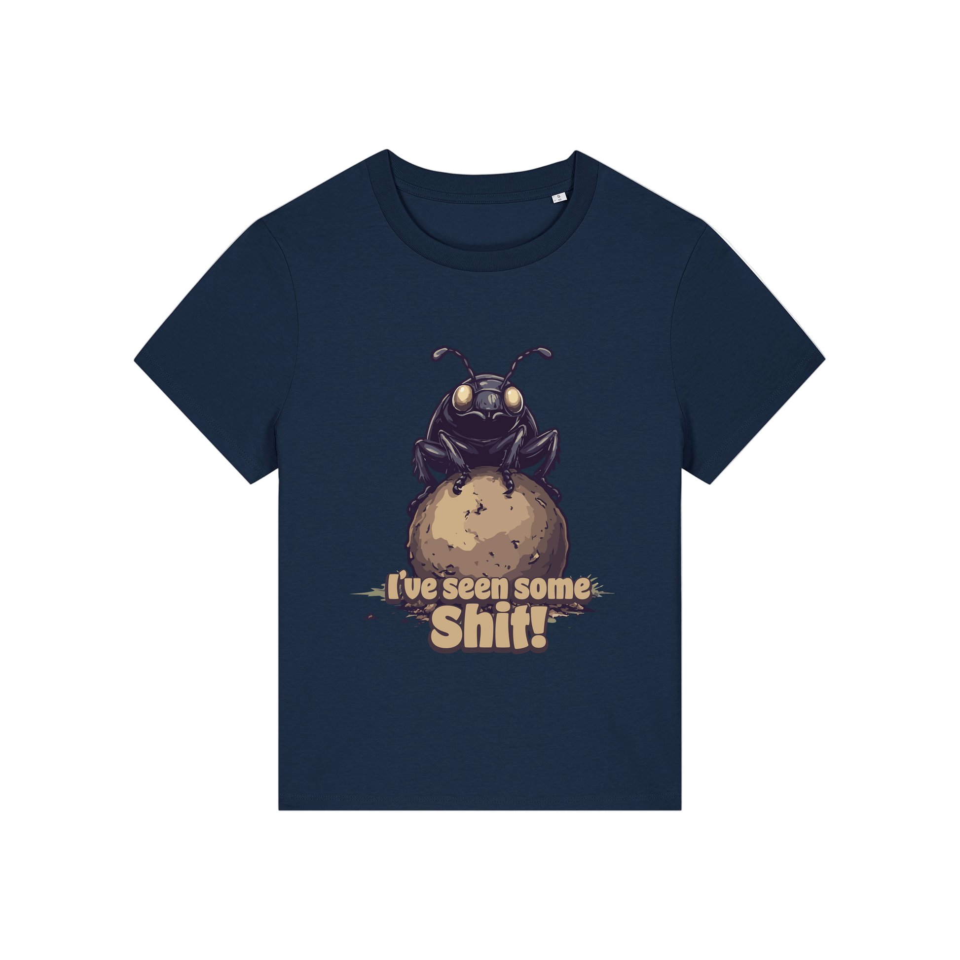 navy funny animal t-shirt with the graphic of a dung beetle and the slogan 'i've seen some shit'