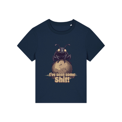 navy funny animal t-shirt with the graphic of a dung beetle and the slogan 'i've seen some shit'