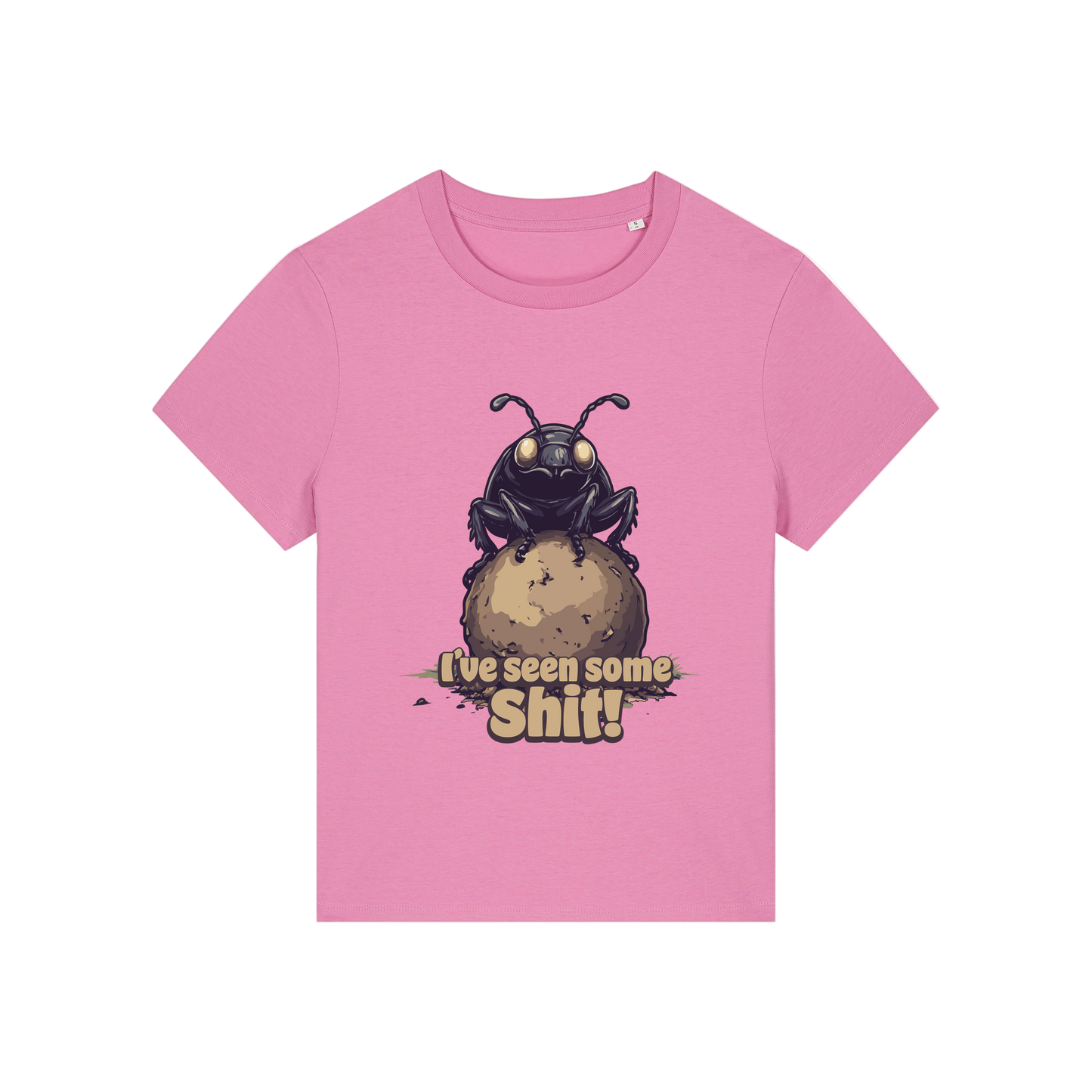 pink funny animal t-shirt with the graphic of a dung beetle and the slogan 'i've seen some shit'