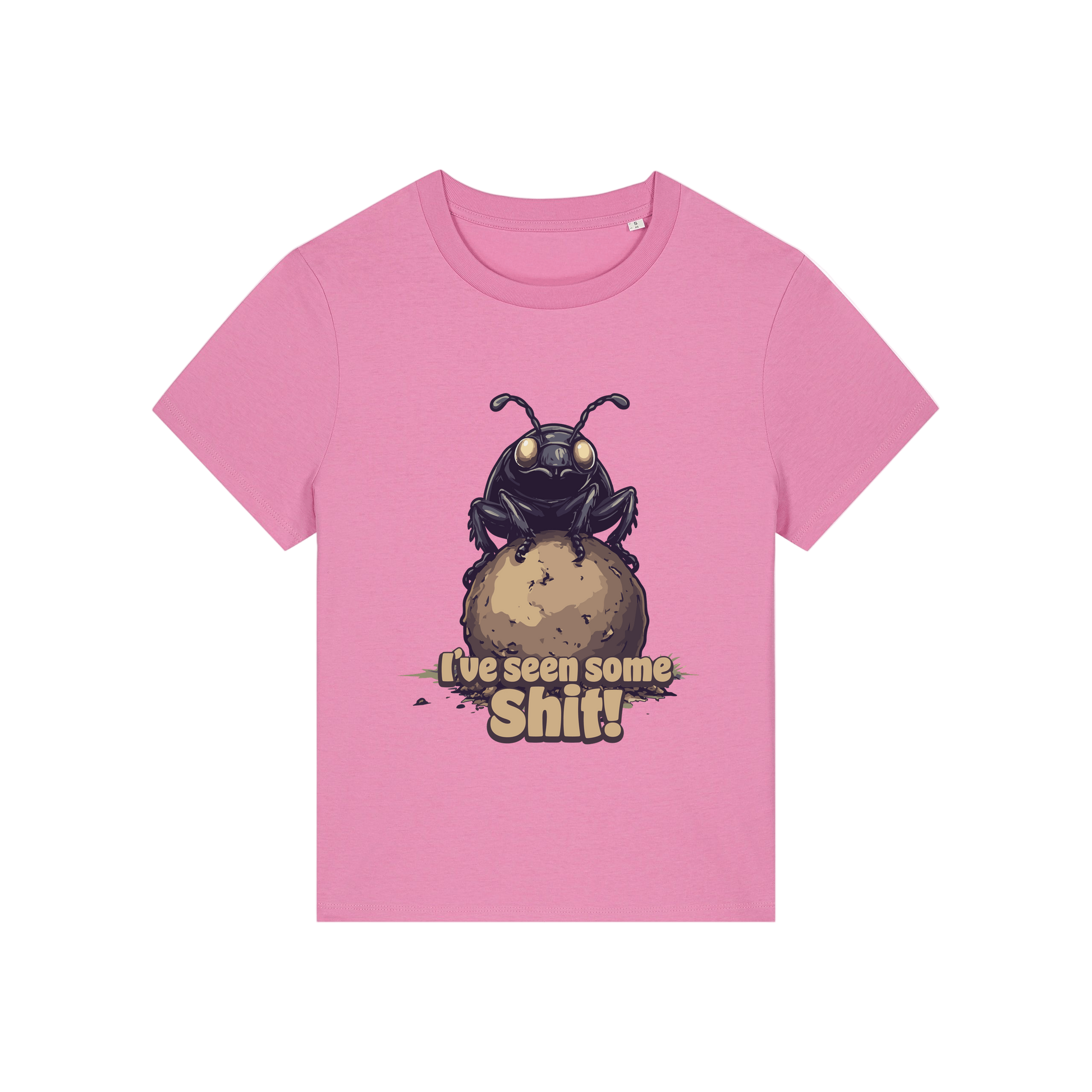 pink funny animal t-shirt with the graphic of a dung beetle and the slogan 'i've seen some shit'