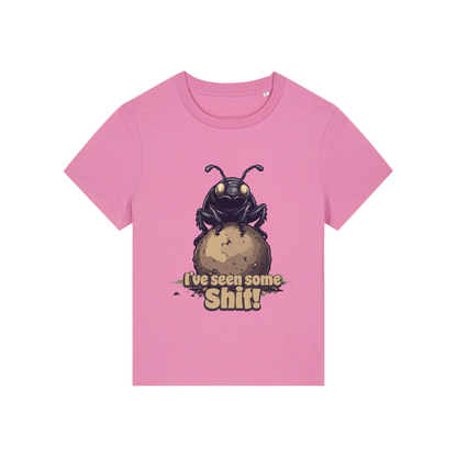 pink funny animal t-shirt with the graphic of a dung beetle and the slogan 'i've seen some shit'