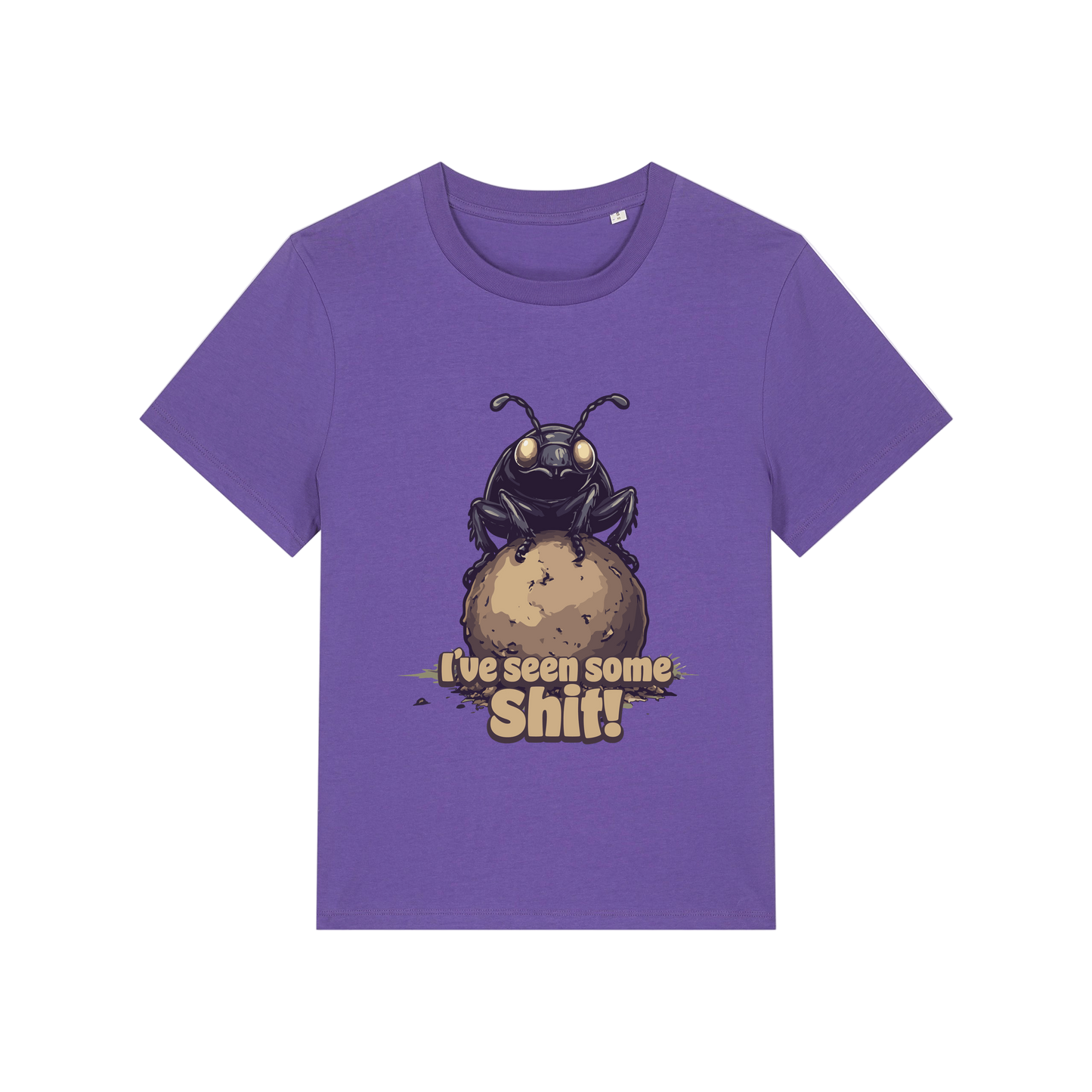 purple funny animal t-shirt with the graphic of a dung beetle and the slogan 'i've seen some shit'