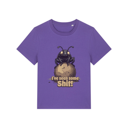 purple funny animal t-shirt with the graphic of a dung beetle and the slogan 'i've seen some shit'