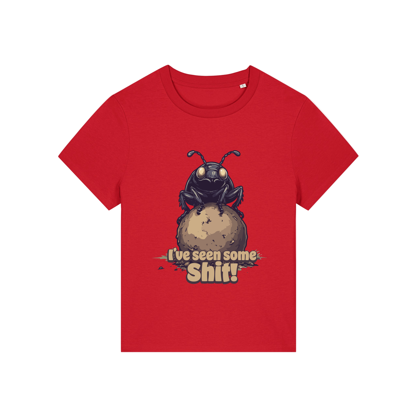 red funny animal t-shirt with the graphic of a dung beetle and the slogan 'i've seen some shit'