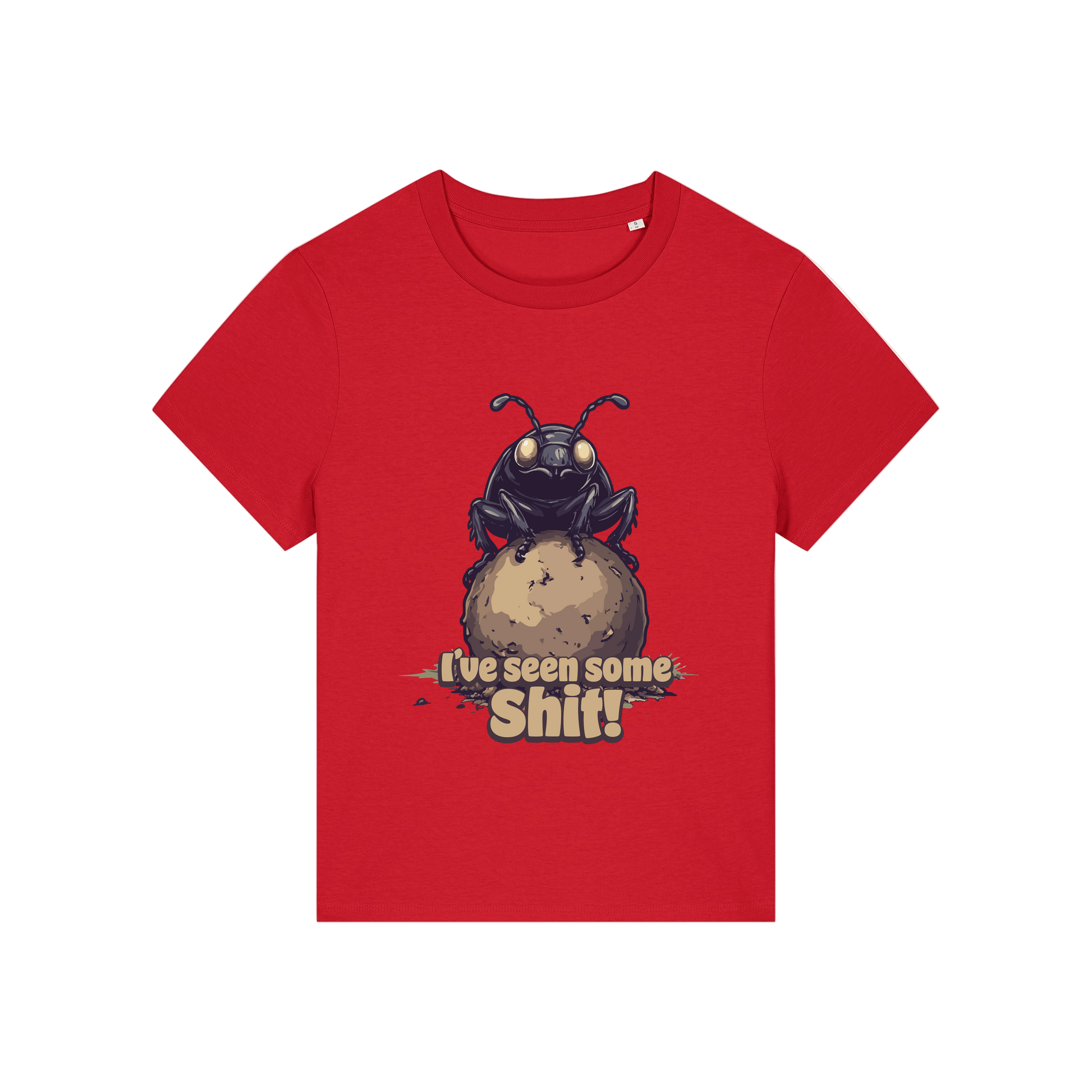 red funny animal t-shirt with the graphic of a dung beetle and the slogan 'i've seen some shit'