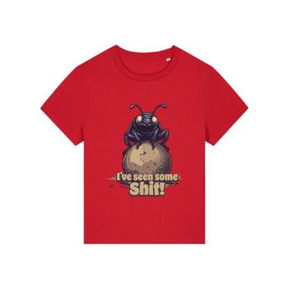 red funny animal t-shirt with the graphic of a dung beetle and the slogan 'i've seen some shit'