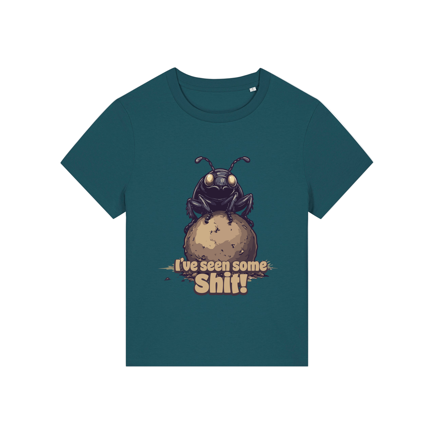 teal funny animal t-shirt with the graphic of a dung beetle and the slogan 'i've seen some shit'