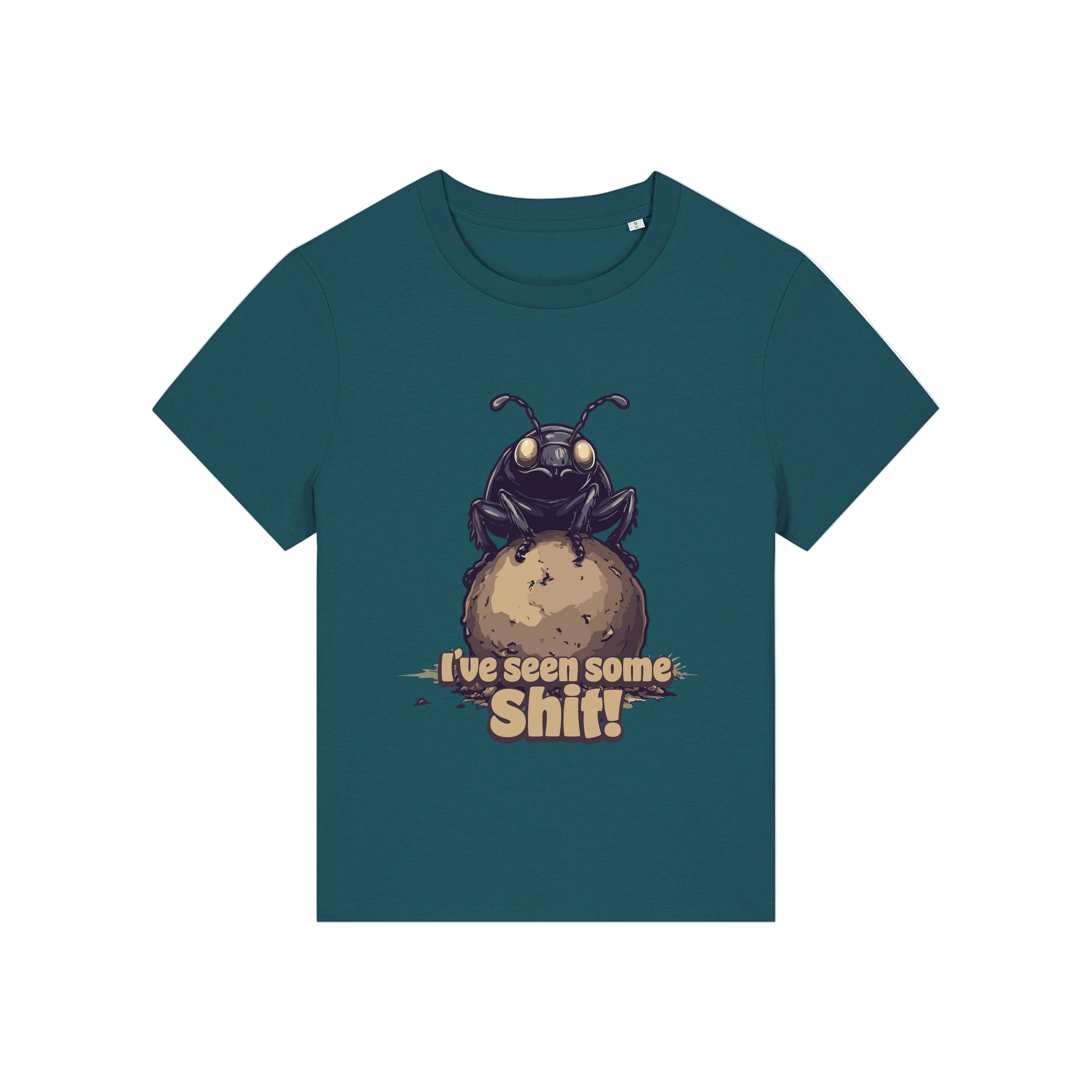 teal funny animal t-shirt with the graphic of a dung beetle and the slogan 'i've seen some shit'