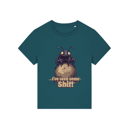 teal funny animal t-shirt with the graphic of a dung beetle and the slogan 'i've seen some shit'