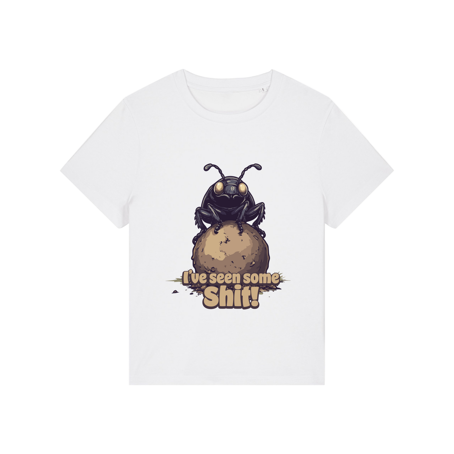 white funny animal t-shirt with the graphic of a dung beetle and the slogan 'i've seen some shit'