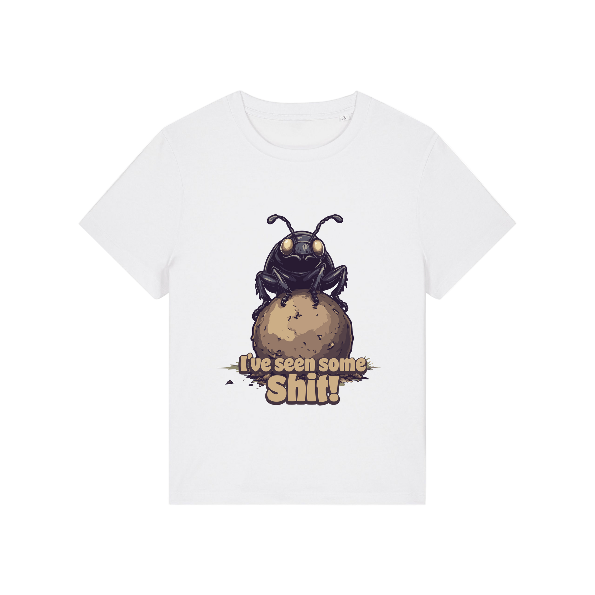 white funny animal t-shirt with the graphic of a dung beetle and the slogan 'i've seen some shit'