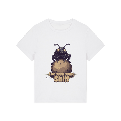 white funny animal t-shirt with the graphic of a dung beetle and the slogan 'i've seen some shit'