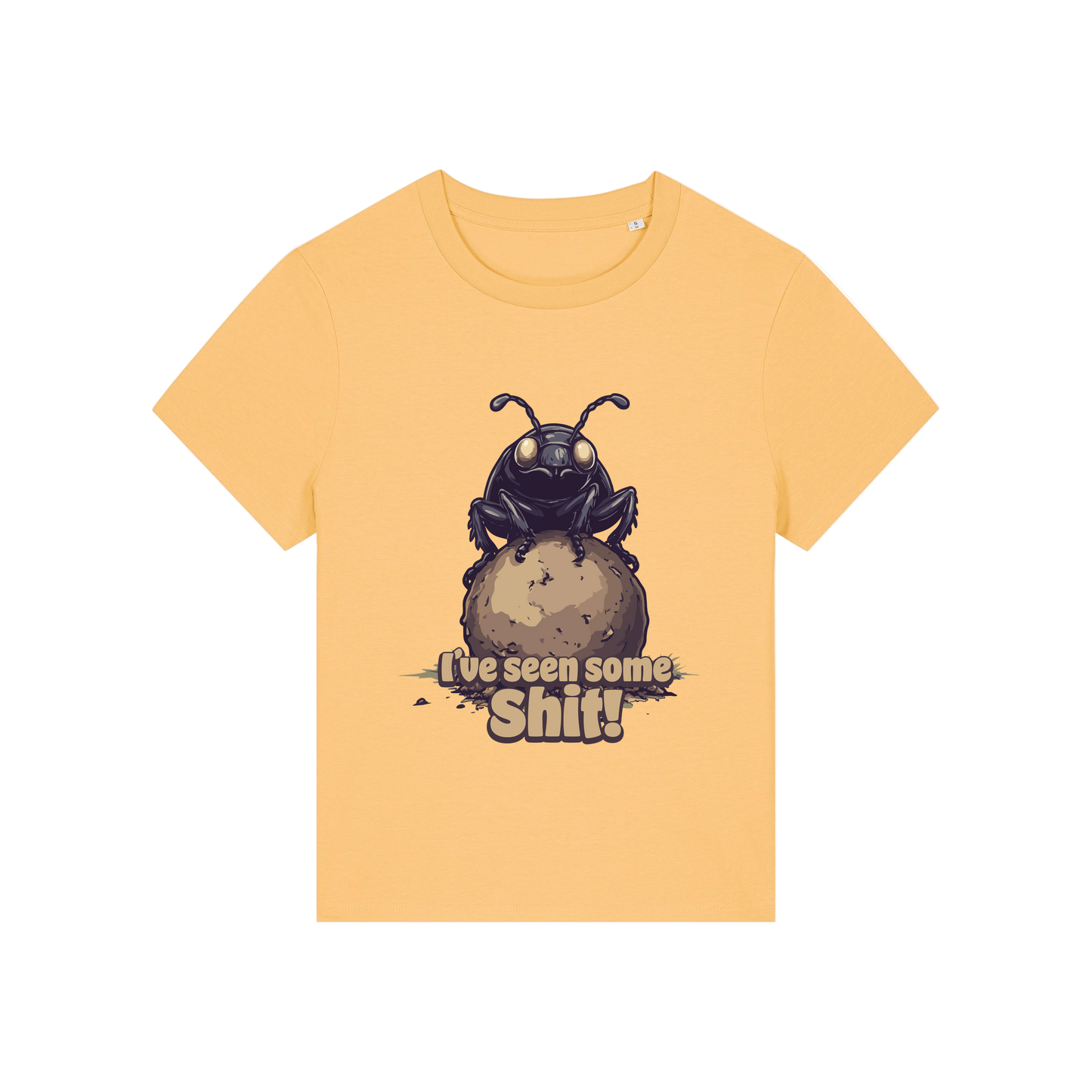 yellow funny animal t-shirt with the graphic of a dung beetle and the slogan 'i've seen some shit'