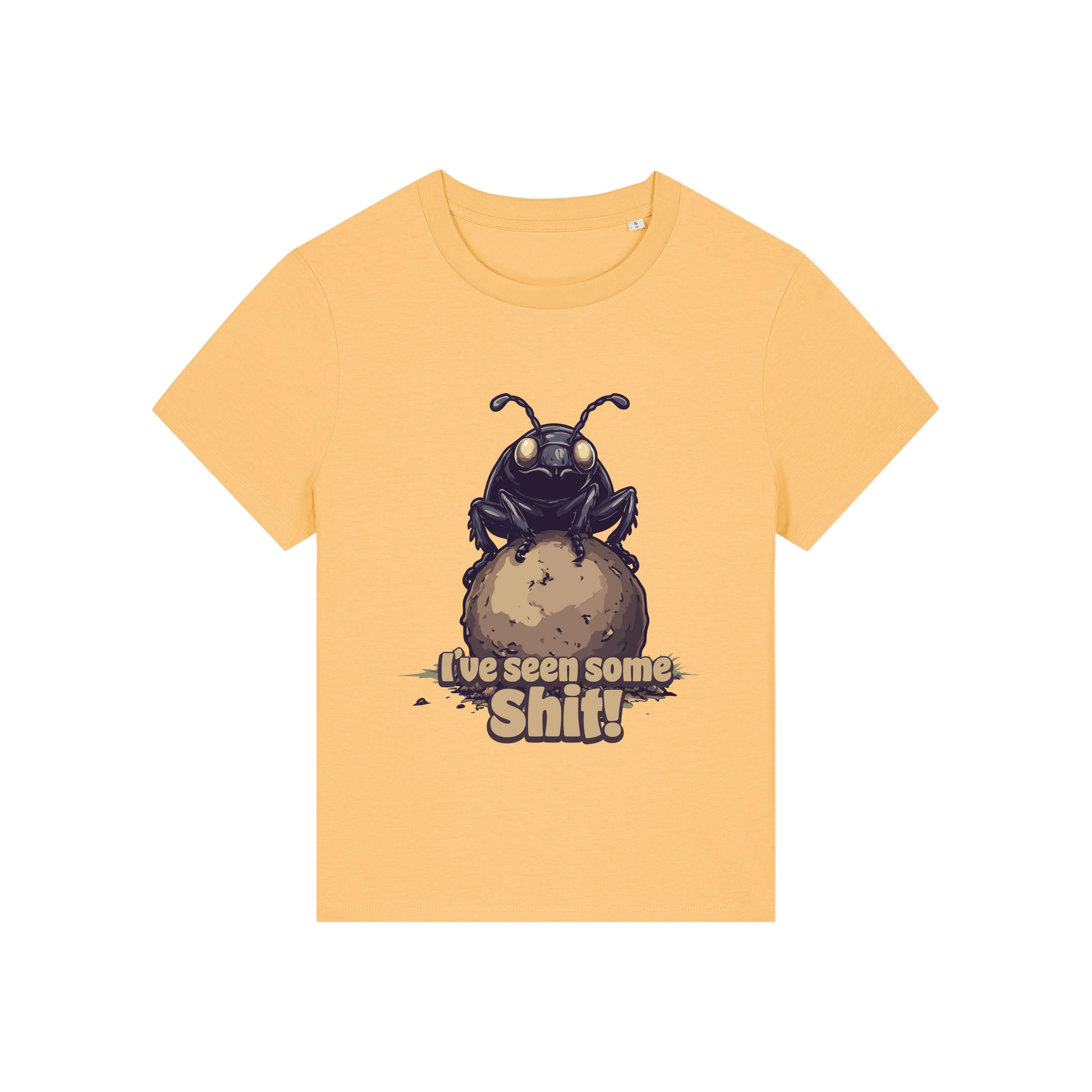 yellow funny animal t-shirt with the graphic of a dung beetle and the slogan 'i've seen some shit'