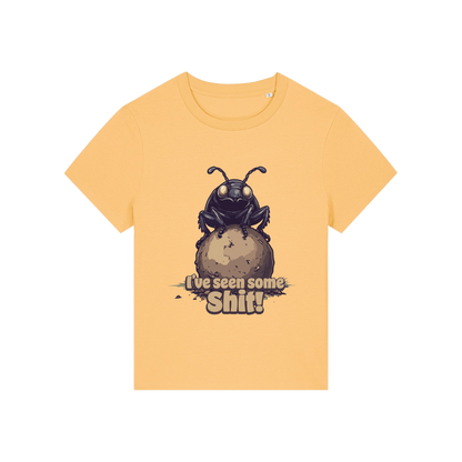 yellow funny animal t-shirt with the graphic of a dung beetle and the slogan 'i've seen some shit'