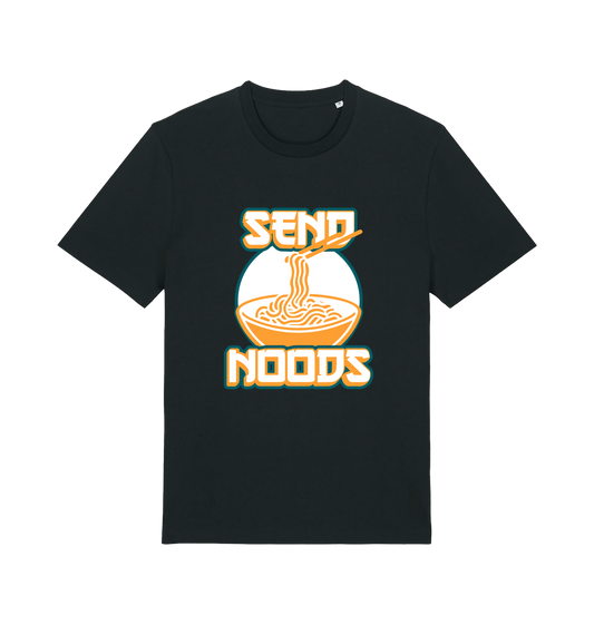 black funny t-shirt with the graphic of a bowl of noodles and the slogan 'send noods'