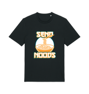 black funny t-shirt with the graphic of a bowl of noodles and the slogan 'send noods'