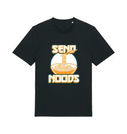 black funny t-shirt with the graphic of a bowl of noodles and the slogan 'send noods'