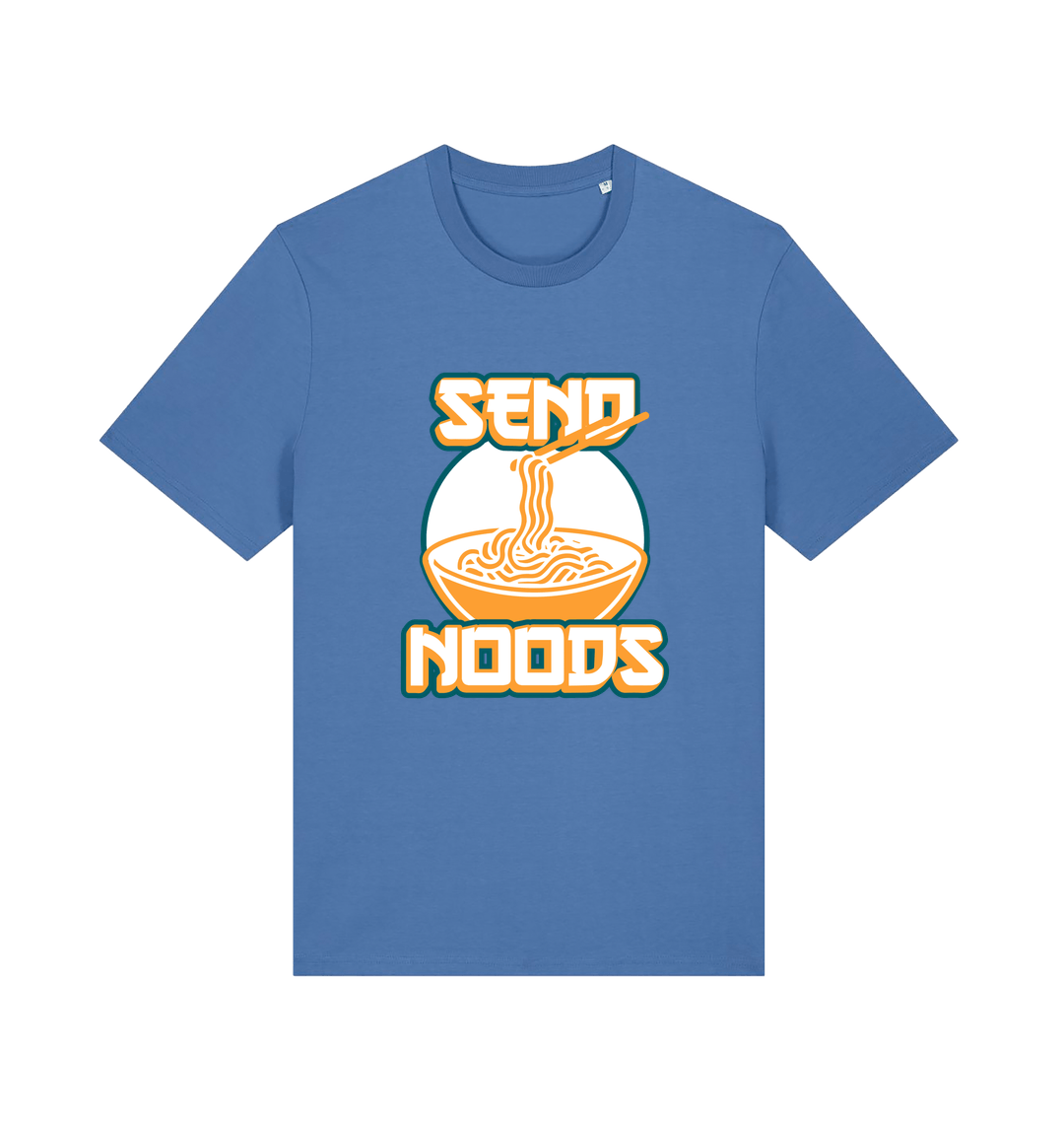 blue funny t-shirt with the graphic of a bowl of noodles and the slogan 'send noods'