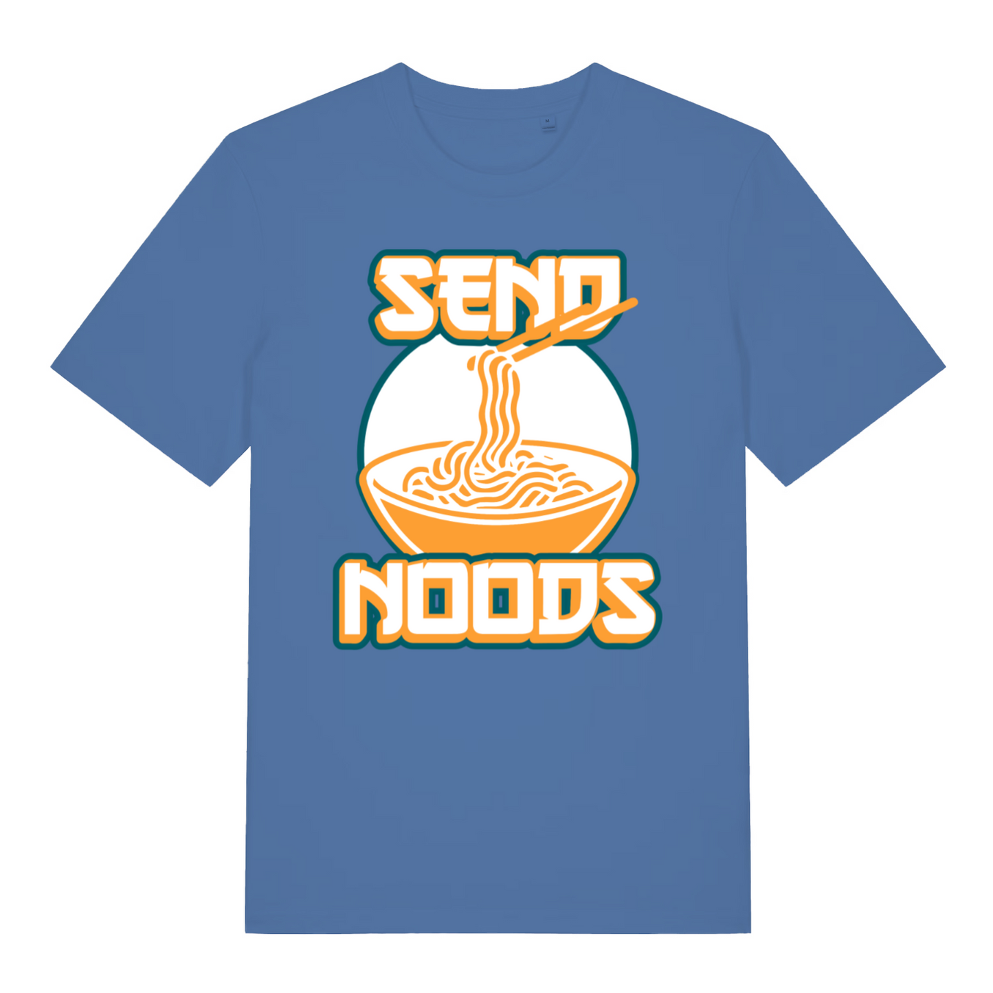 Blue Send Noods funny graphic t-shirt featuring cheeky noodle pun artwork  