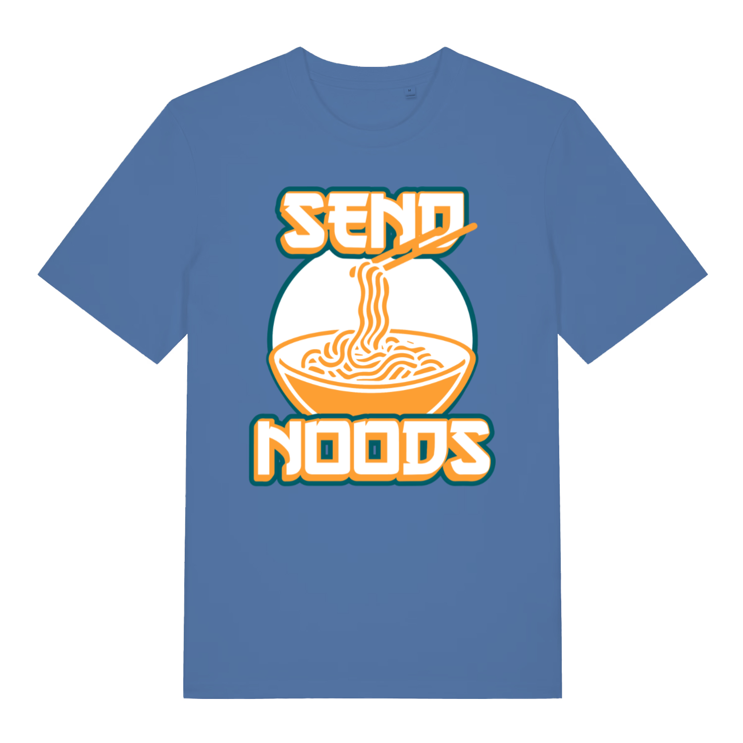 Blue Send Noods funny graphic t-shirt featuring cheeky noodle pun artwork  