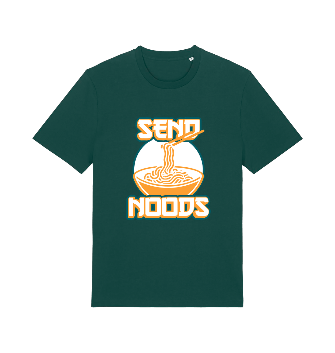 green funny t-shirt with the graphic of a bowl of noodles and the slogan 'send noods'