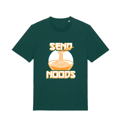 green funny t-shirt with the graphic of a bowl of noodles and the slogan 'send noods'