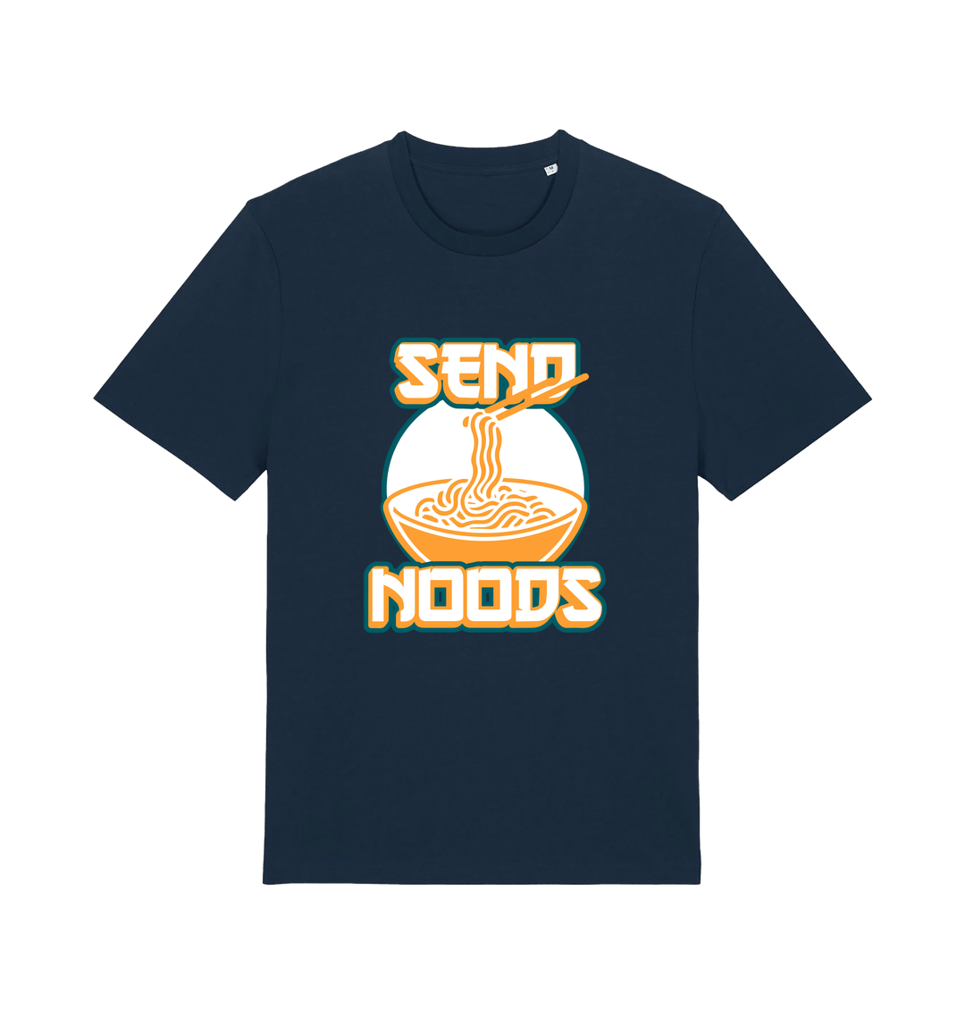 navy funny t-shirt with the graphic of a bowl of noodles and the slogan 'send noods'