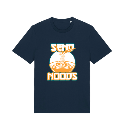navy funny t-shirt with the graphic of a bowl of noodles and the slogan 'send noods'