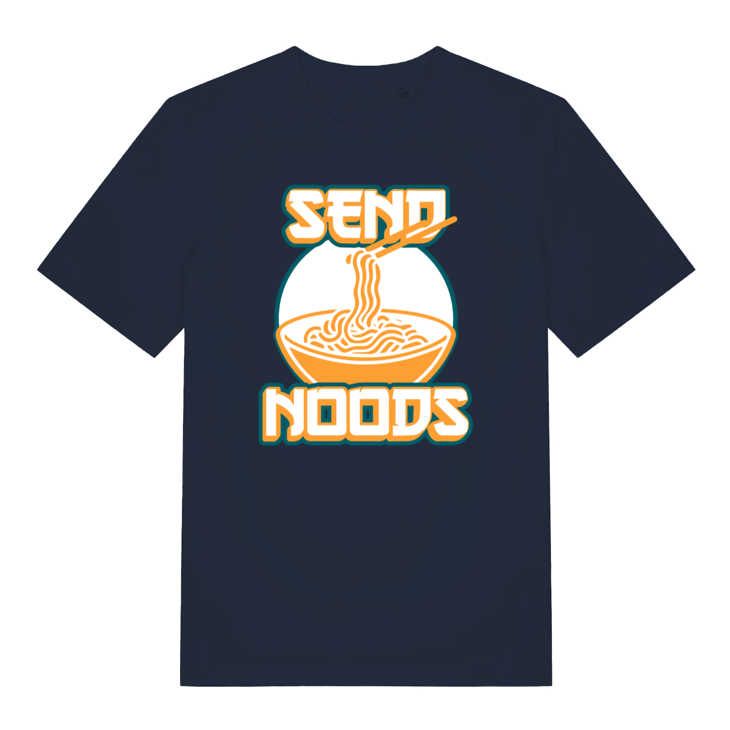 navy funny t-shirt with a graphic of a bowl of noodles and the text 'SEND NOODS' 