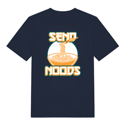 navy funny t-shirt with a graphic of a bowl of noodles and the text 'SEND NOODS' 