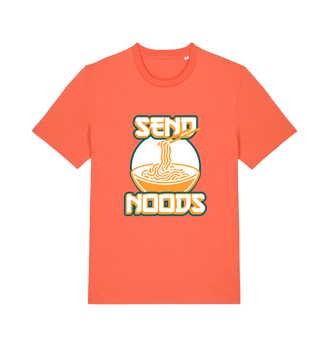 orange funny t-shirt with the graphic of a bowl of noodles and the slogan 'send noods'
