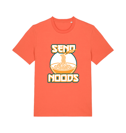 orange funny t-shirt with the graphic of a bowl of noodles and the slogan 'send noods'