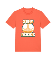orange funny t-shirt with the graphic of a bowl of noodles and the slogan 'send noods'