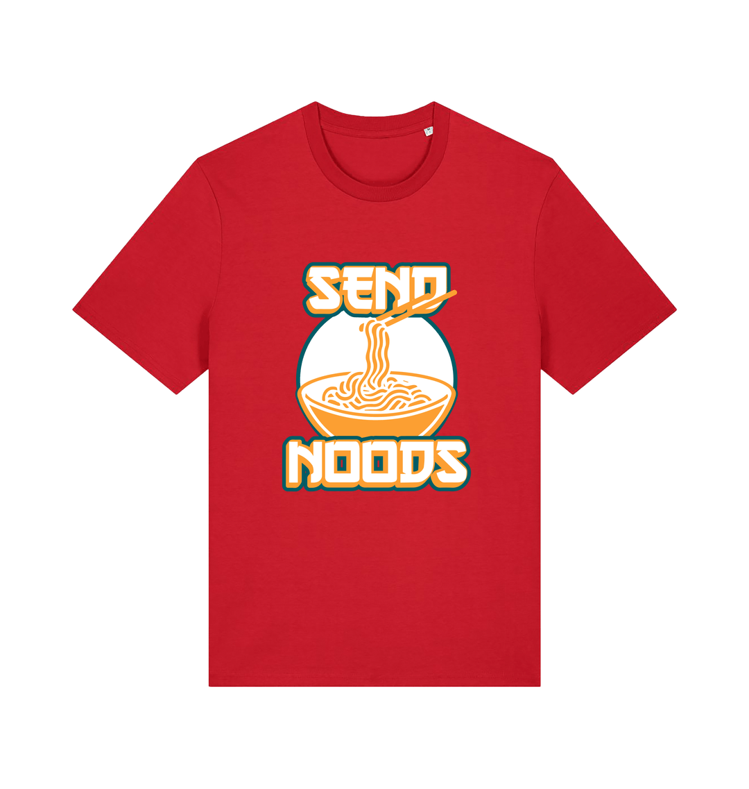 red funny t-shirt with the graphic of a bowl of noodles and the slogan 'send noods'