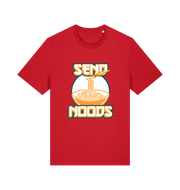 red funny t-shirt with the graphic of a bowl of noodles and the slogan 'send noods'