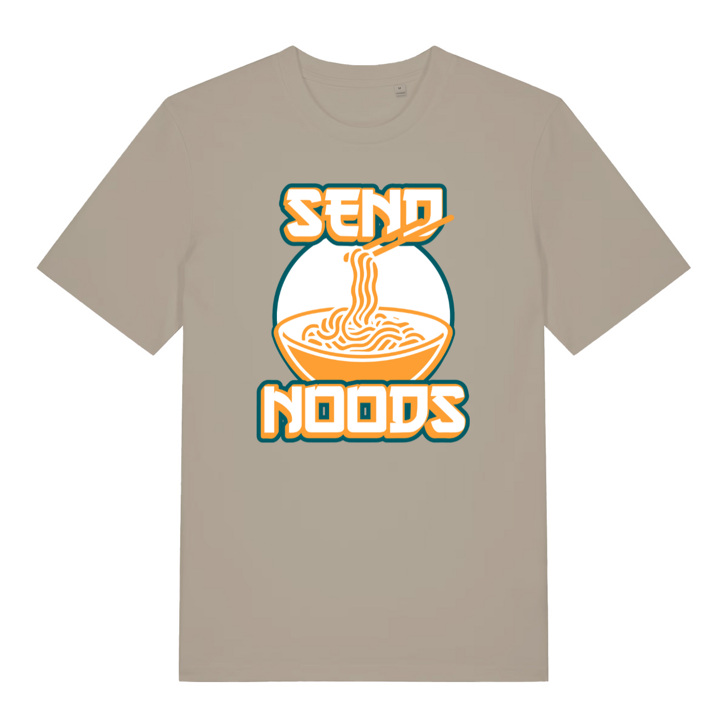 stone funny t-shirt with a graphic of a bowl of noodles and the text 'SEND NOODS' 