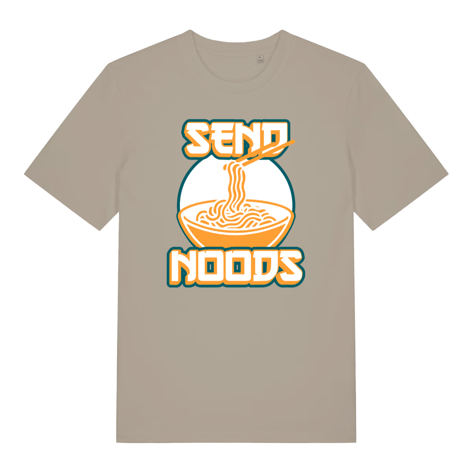 stone funny t-shirt with a graphic of a bowl of noodles and the text 'SEND NOODS' 
