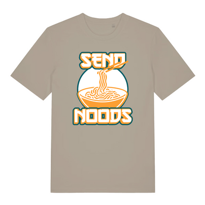 stone funny t-shirt with a graphic of a bowl of noodles and the text 'SEND NOODS' 