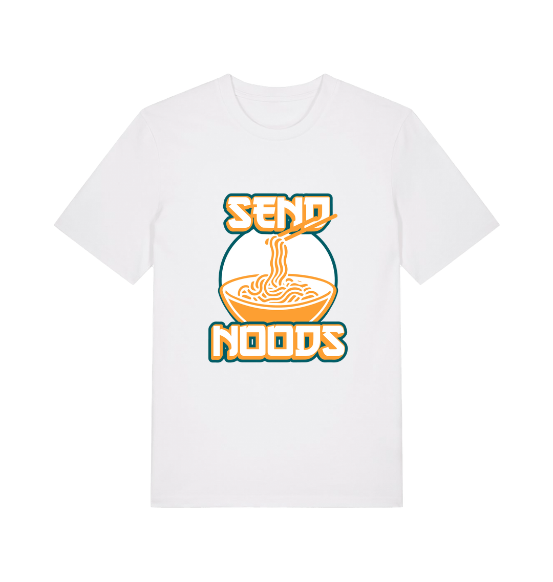white funny t-shirt with the graphic of a bowl of noodles and the slogan 'send noods'