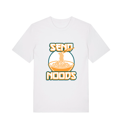white funny t-shirt with the graphic of a bowl of noodles and the slogan 'send noods'
