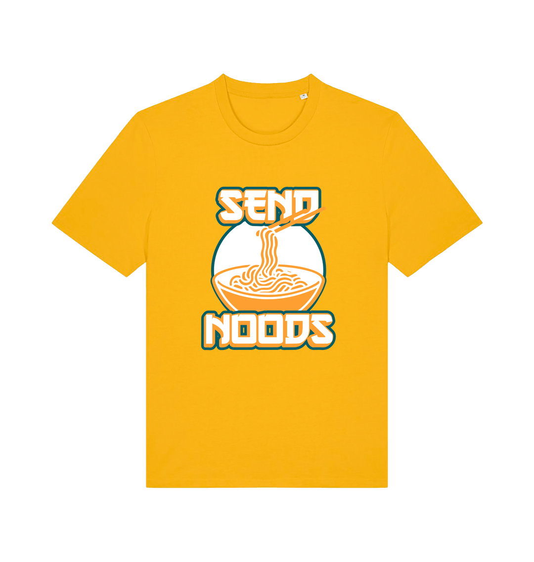yellow funny t-shirt with the graphic of a bowl of noodles and the slogan 'send noods'