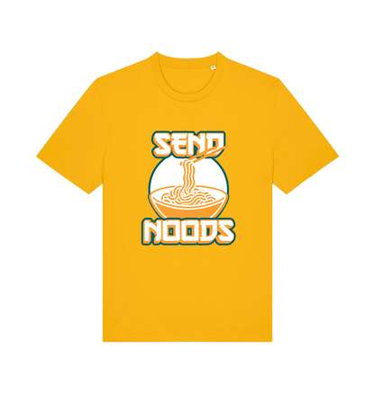 yellow funny t-shirt with the graphic of a bowl of noodles and the slogan 'send noods'