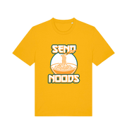 yellow funny t-shirt with the graphic of a bowl of noodles and the slogan 'send noods'