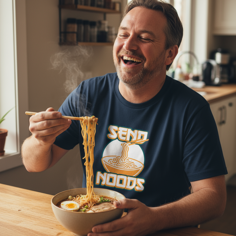 Man eating noodles with a 'SEND NOODS' t-shirt in a kitchen